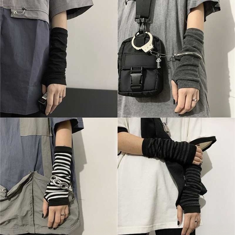 Fingerless Glove Knit - Guanti lunghi senza dita a righe,